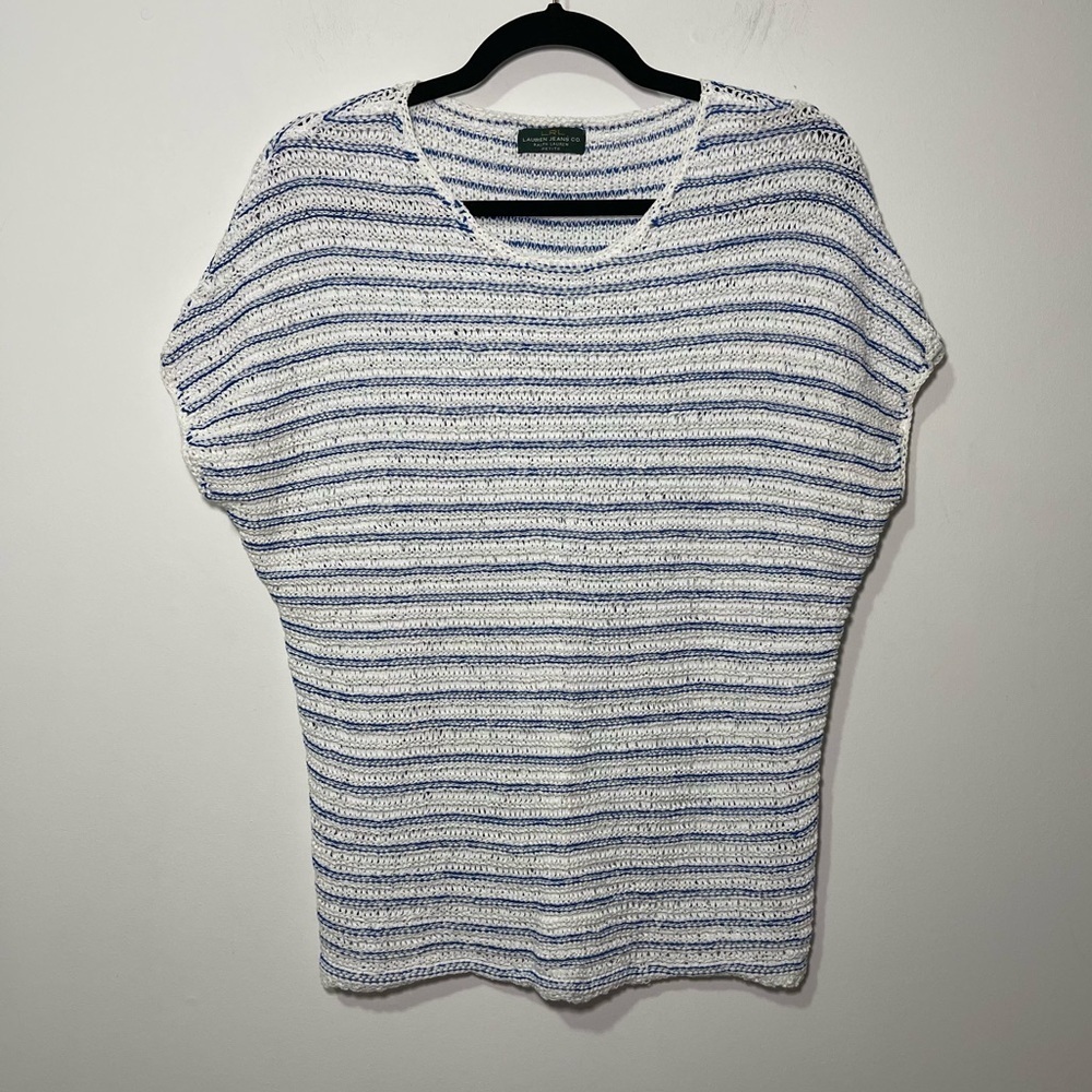 Lauren Ralph Lauren Blue White Striped Open Knit Short Sleeve coastal Top MP